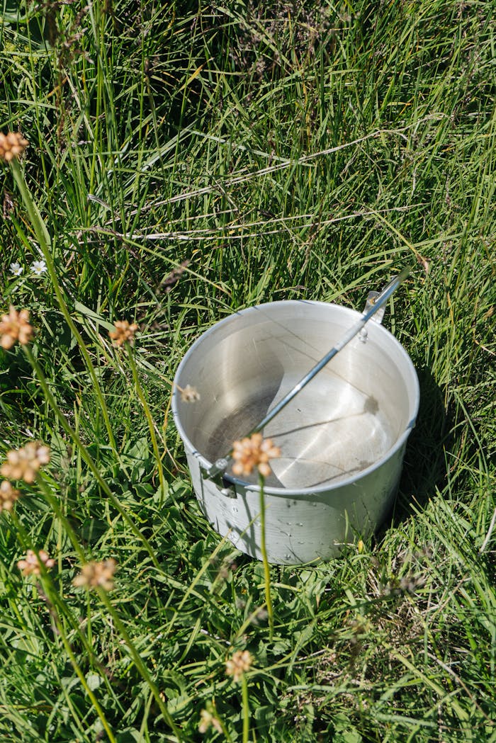 An empty metallic bucket sits amidst tall grass and wildflowers on a sunny day.